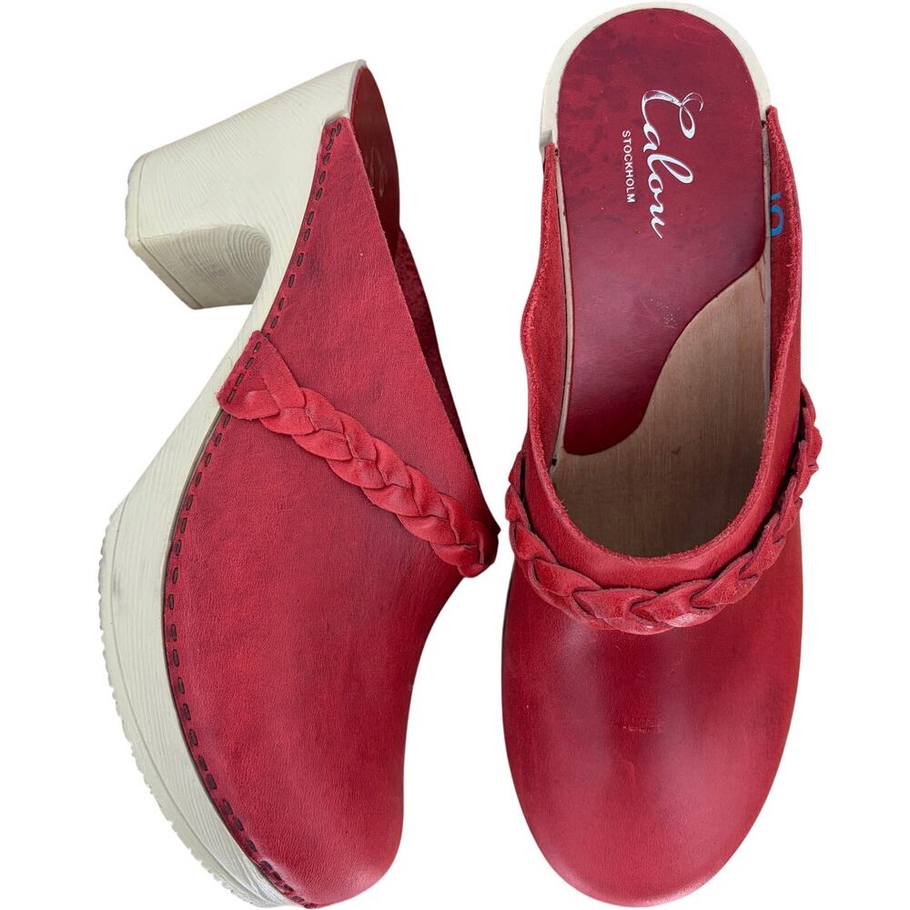 Calou Stockholm Red Leather Braided Heeled Slip-On Clogs EU Size 40/US Size 9